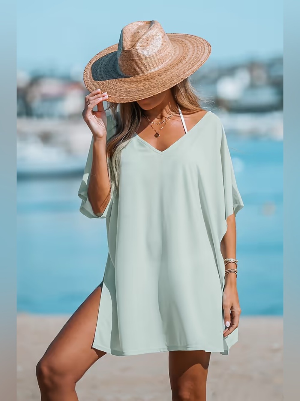 Cupshe Mint V-Neck Beach Cover-Up